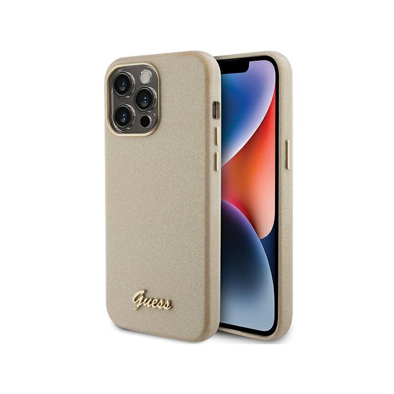 Etui GUESS Glitter Glossy Script do Apple iPhone 15 Pro Złoty