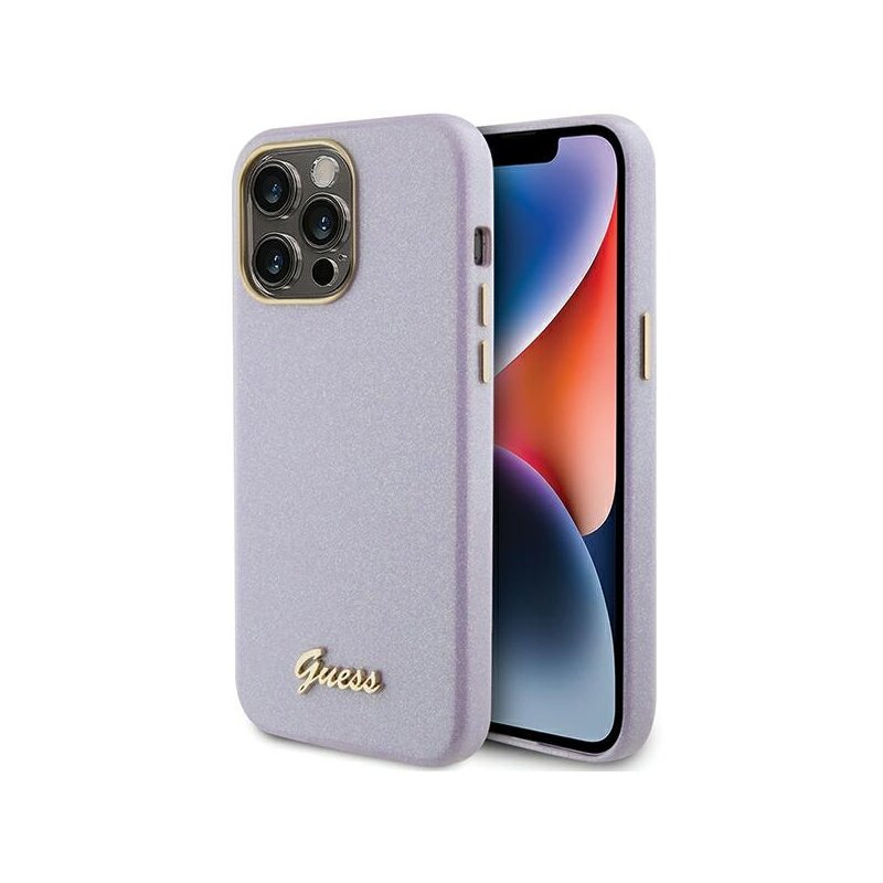 Etui GUESS Glitter Glossy Script do Apple iPhone 15 Pro Max Liliowy