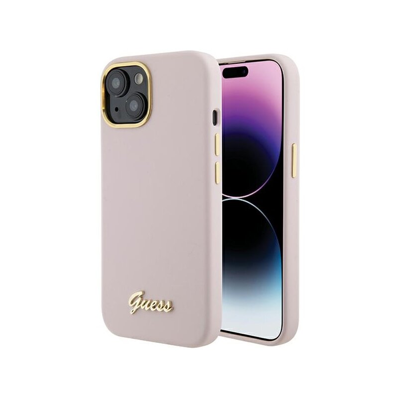 Guess Silicone Script Metal Logo & Frame GUHCP15SSMBSLP do iPhone 15 Różowy