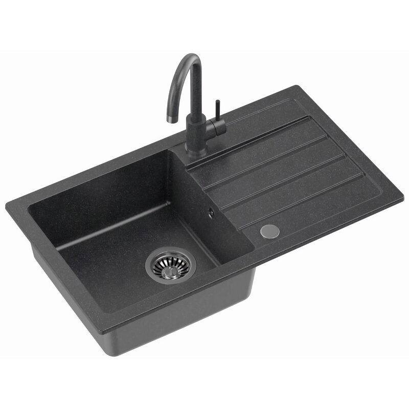 Zlewozmywak jednokomorowy z ociekaczem MYQ Color Long LONG1COL Czarny 44x77 + bateria