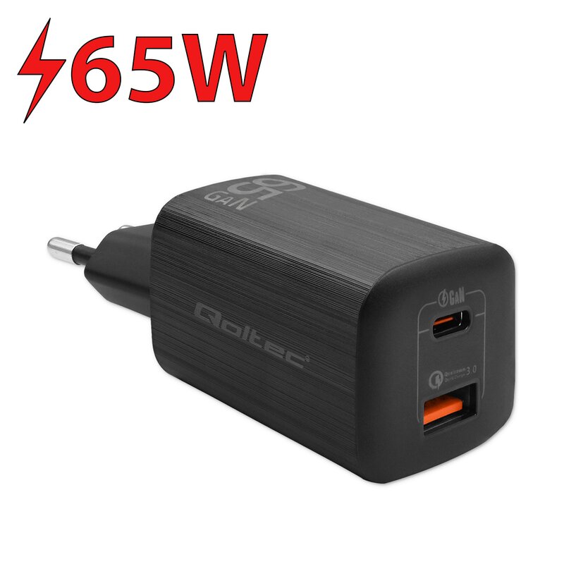 Qoltec 50766 GaN USB-A USB-C 65W Czarny