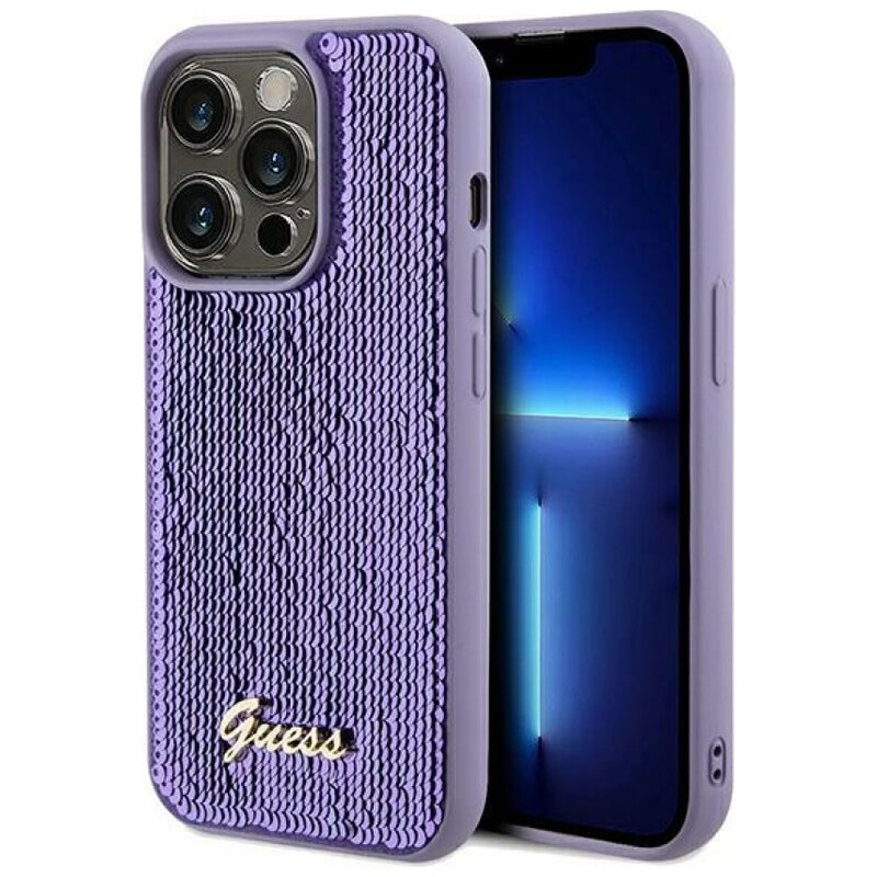Etui GUESS Sequin Script Metal do Apple iPhone 13 Pro Max Fioletowy