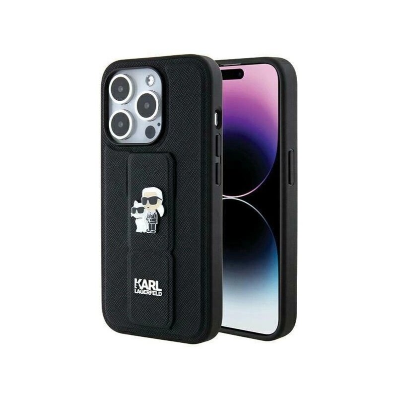 Etui KARL LAGERFELD Gripstand Saffiano Karl&Choupette Pins do Apple iPhone 14 Pro Czarny