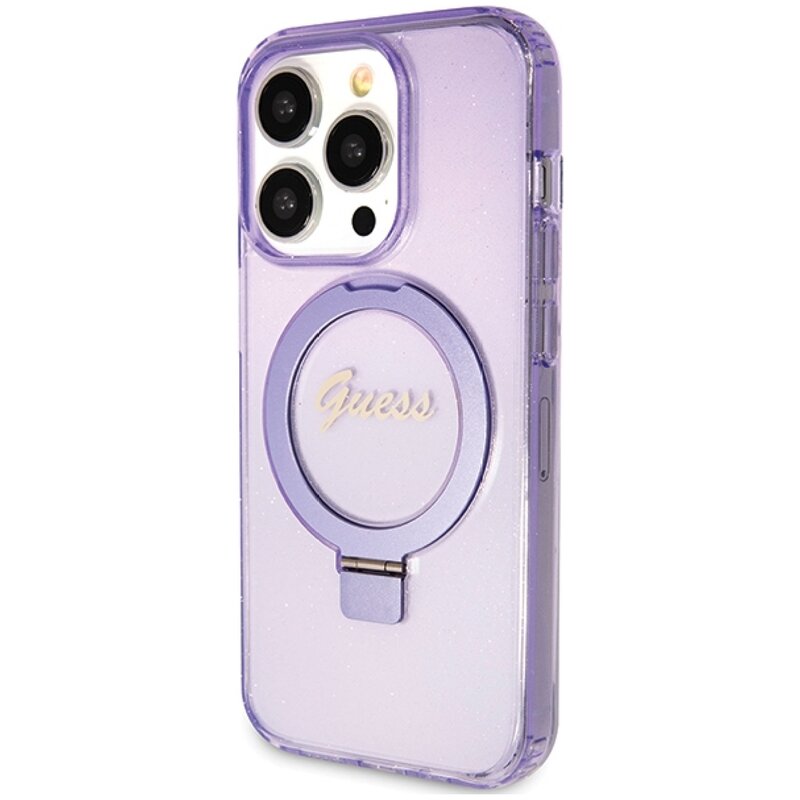 Etui GUESS Ring Stand Script Glitter MagSafe do Apple iPhone 15 Pro Fioletowy