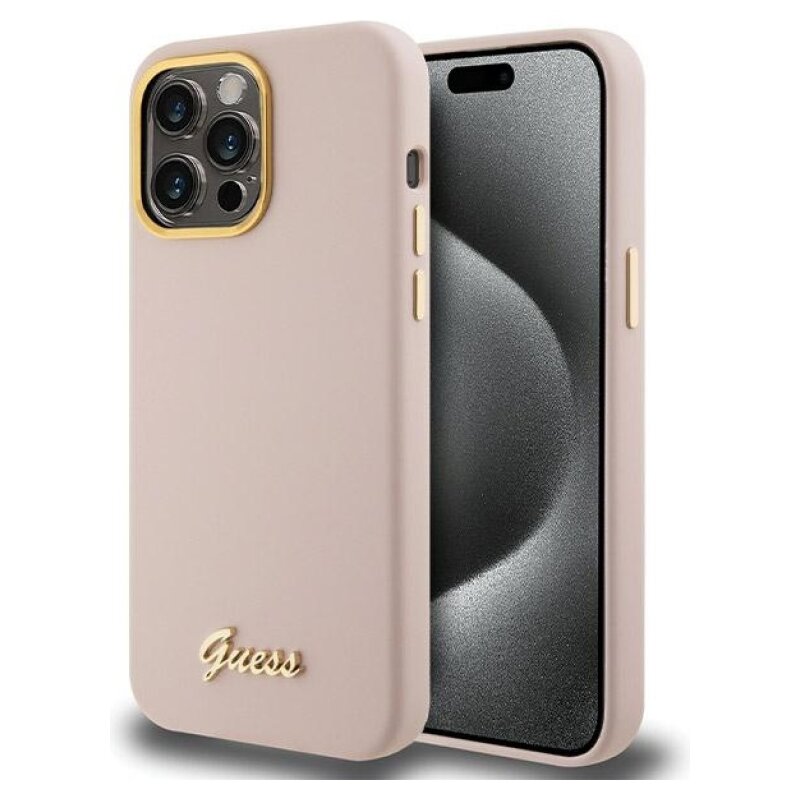 Etui GUESS Silicone Script Metal Logo & Frame do Apple iPhone 15 Pro Różowy