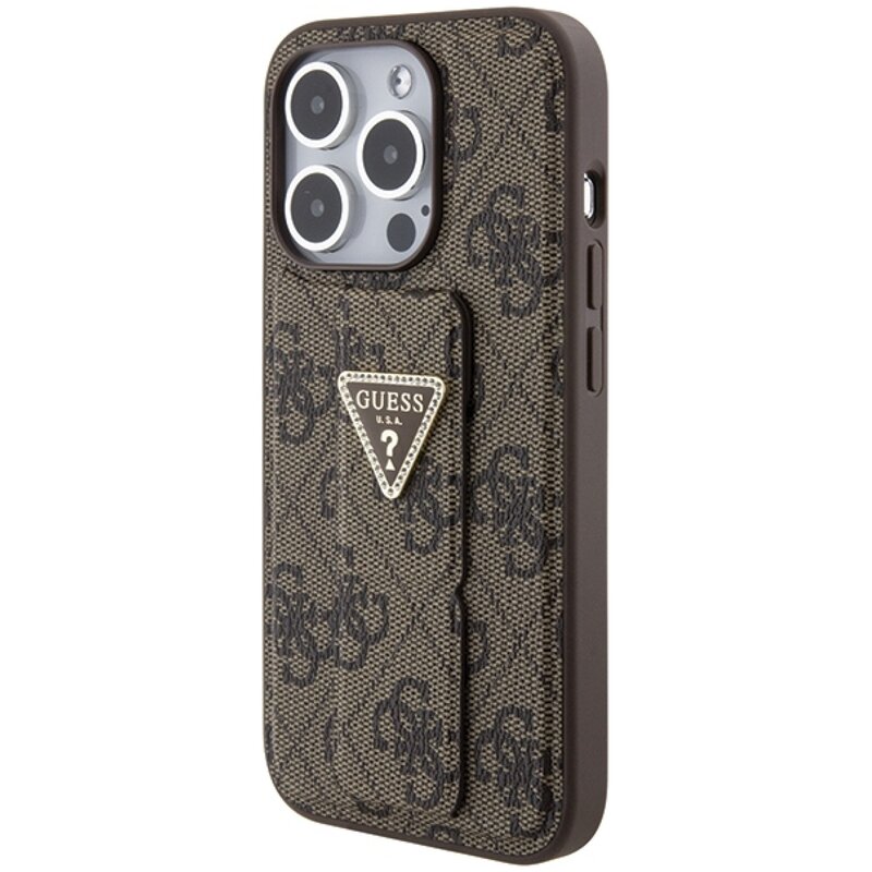 Etui GUESS Grip Stand 4G Triangle Strass Logo do Apple iPhone 15 Pro Brązowy