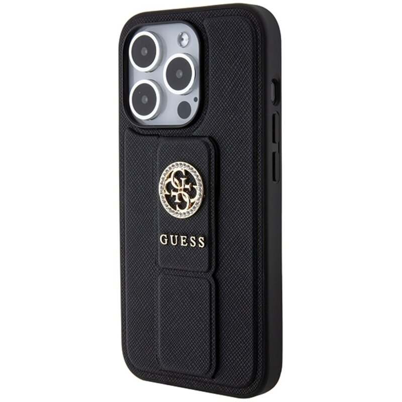 Etui GUESS Grip Stand 4G Saffiano Strass do Apple iPhone 15 Pro Max Czarny