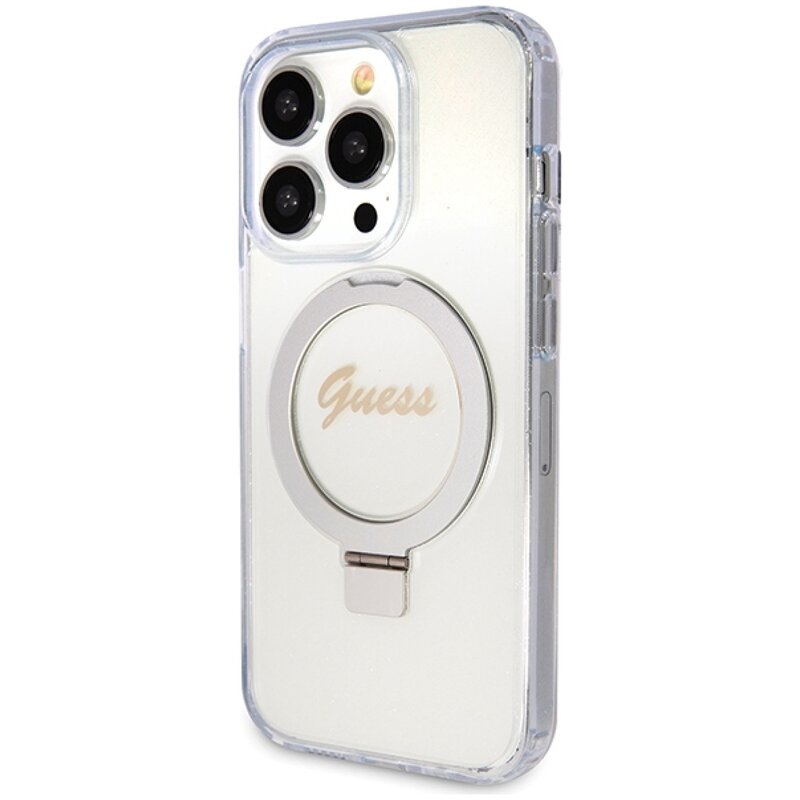Etui GUESS Ring Stand Script Glitter MagSafe do Apple iPhone 15 Pro Przezroczysty