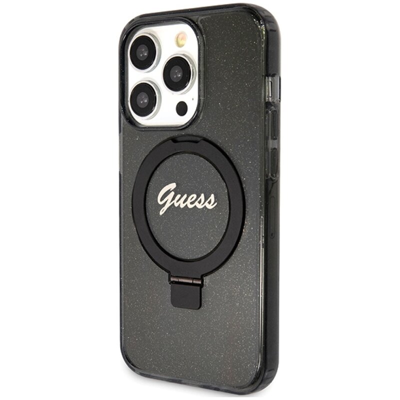 Etui GUESS Ring Stand Script Glitter MagSafe do Apple iPhone 15 Pro Max Czarny