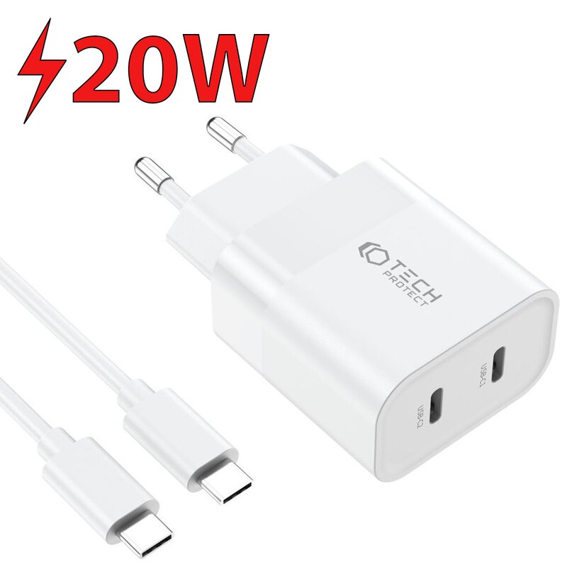 Ładowarka sieciowa TECH-PROTECT C20W 20W Biały ładowarka do telefonu USB-C + kabel