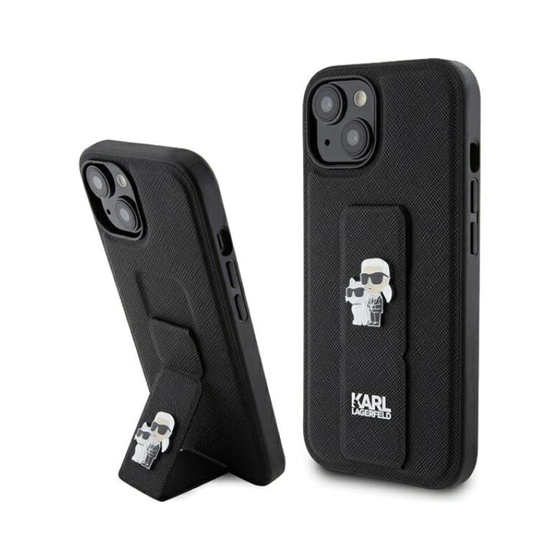 Etui KARL LAGERFELD Gripstand Saffiano Karl & Choupette Pins do Apple iPhone 13/14/15 Czarny