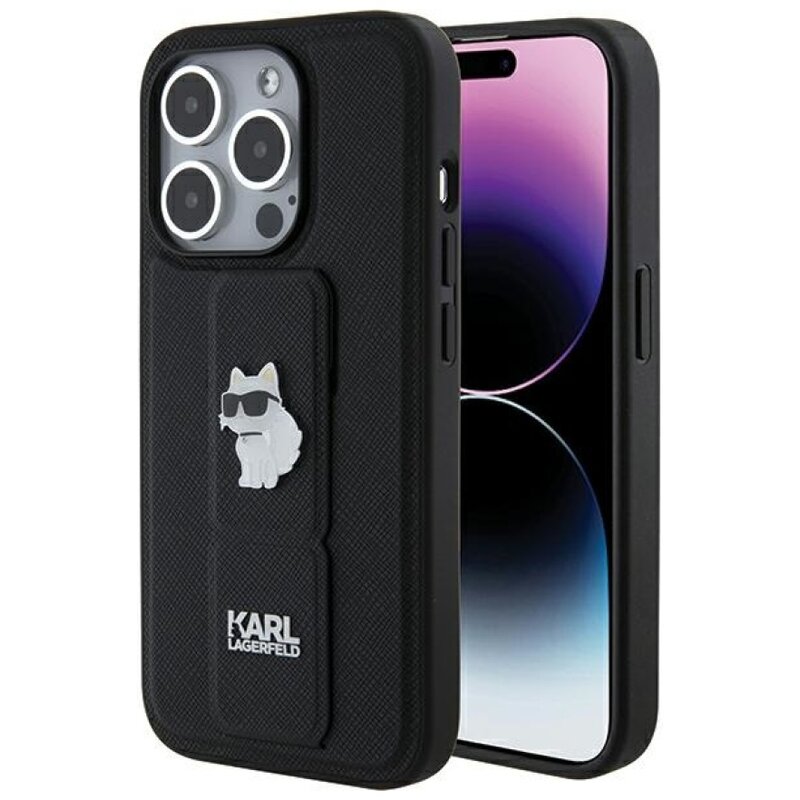 Etui KARL LAGERFELD Gripstand Saffiano Choupette Pins do Apple iPhone 15 Pro Czarny