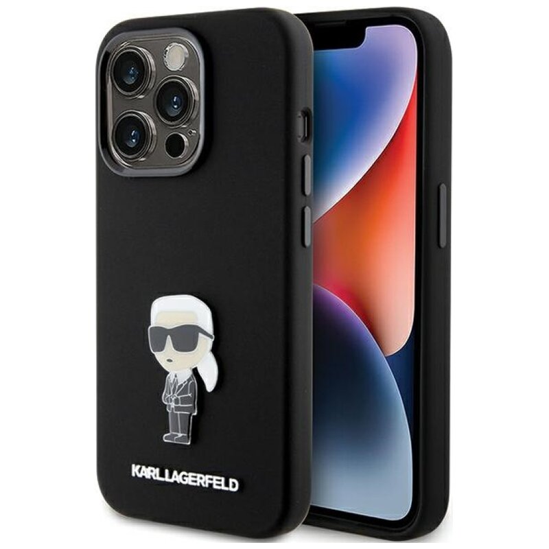 Etui KARL LAGERFELD Silicone Ikonik Metal Pin do Apple iPhone 15 Pro Czarny