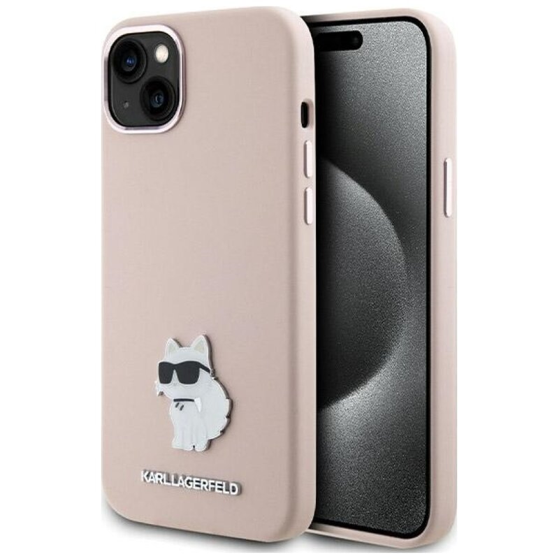 Etui KARL LAGERFELD Silicone Choupette Metal Pin do Apple iPhone 15 Plus Różowy