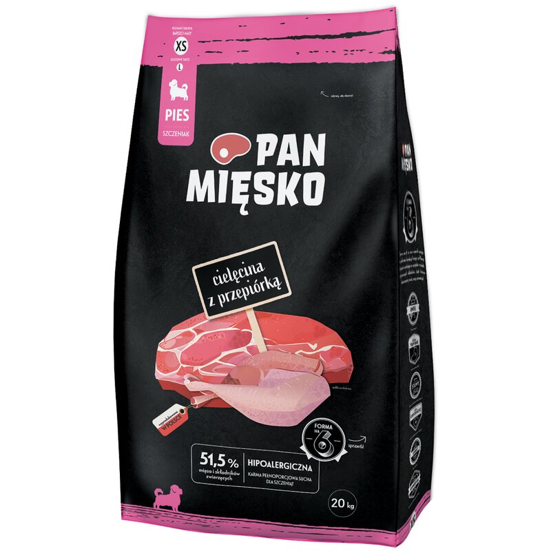 Karma dla psa PAN MIĘSKO Cielęcina z przepiórką XS 20 kg