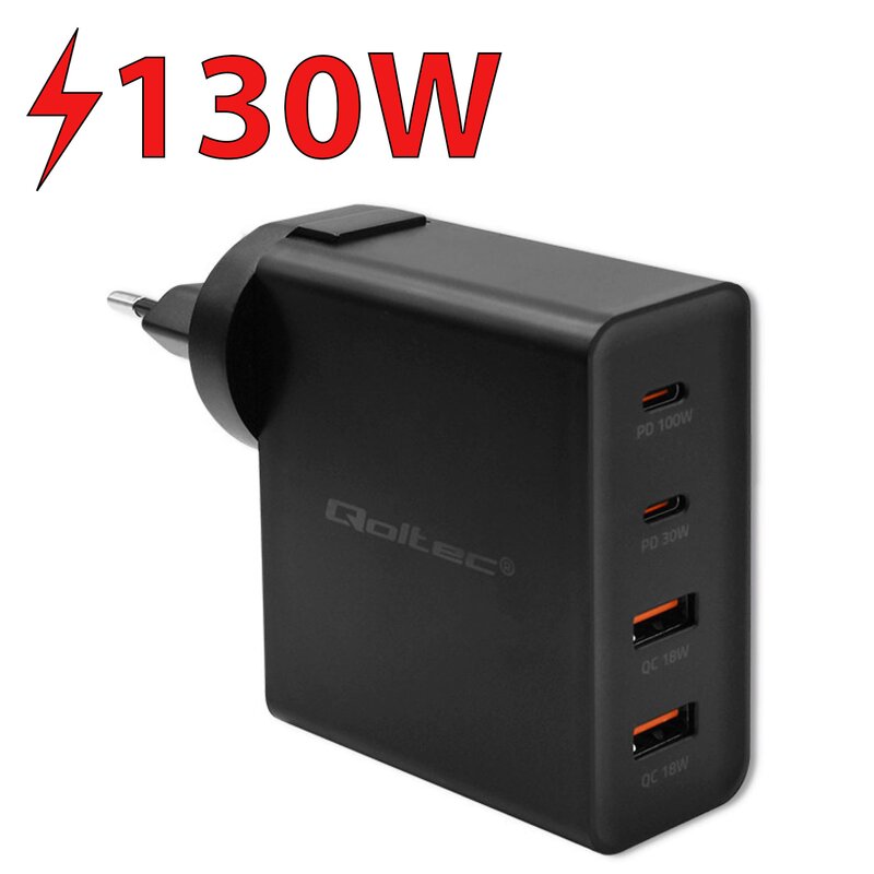 Qoltec 52383 Power Pro GaN 2x USB-A 2x USB-C 130W Czarny