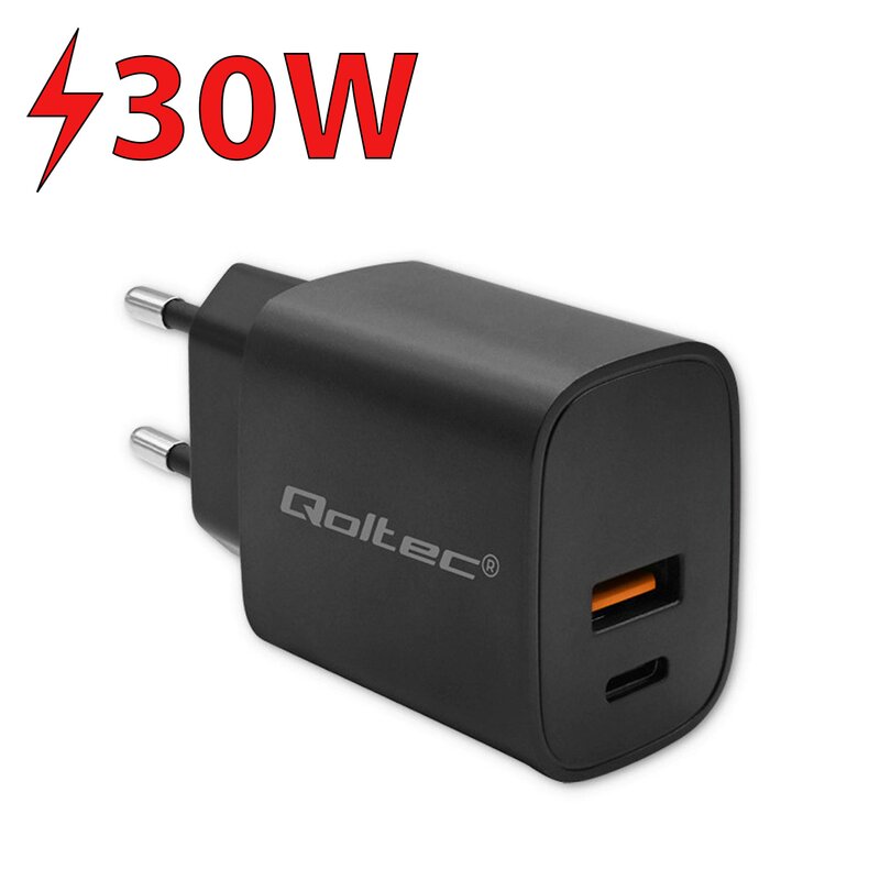 Qoltec Ładowarka GaN Power Pro | 1xUSB-C | 1xUSB | 30W | 5-20V | 1.5-3A | Czarna