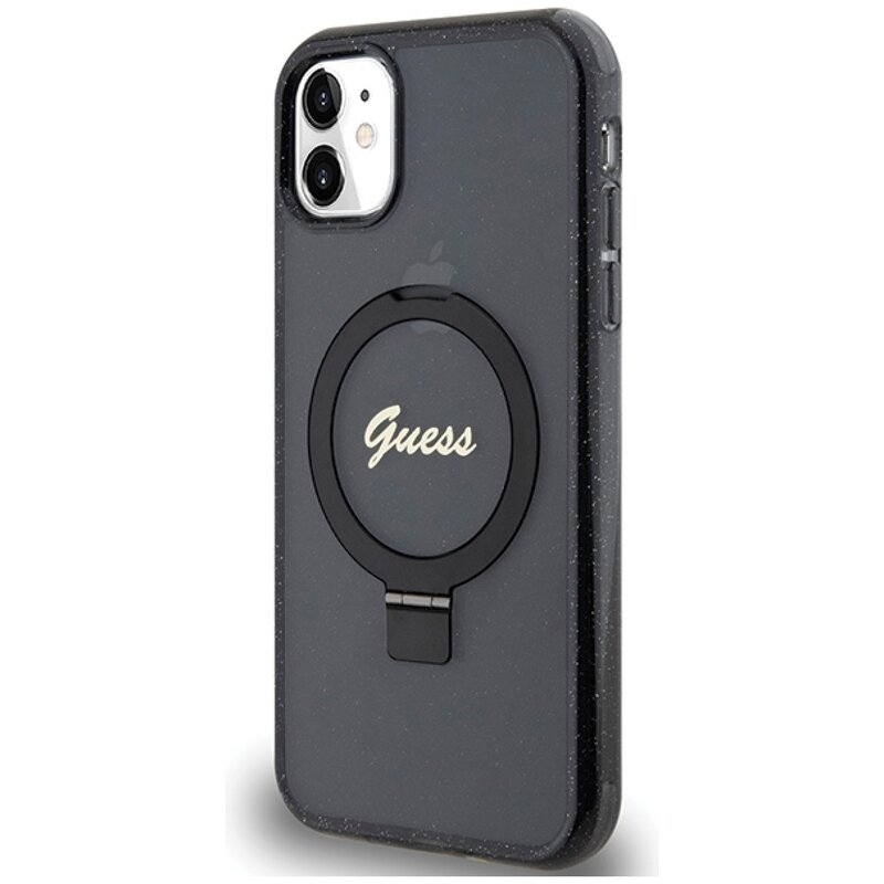 Etui GUESS Ring Stand Script Glitter MagSafe do Apple iPhone 11 Czarny