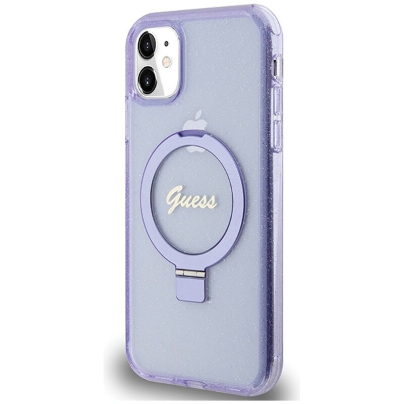 Etui GUESS Ring Stand Script Glitter MagSafe do Apple iPhone 11 Fioletowy