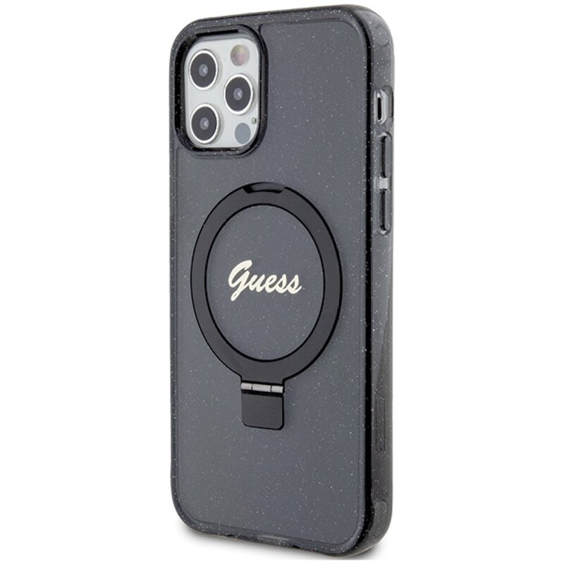 Etui GUESS Ring Stand Script Glitter MagSafe do Apple iPhone 12 Pro Czarny