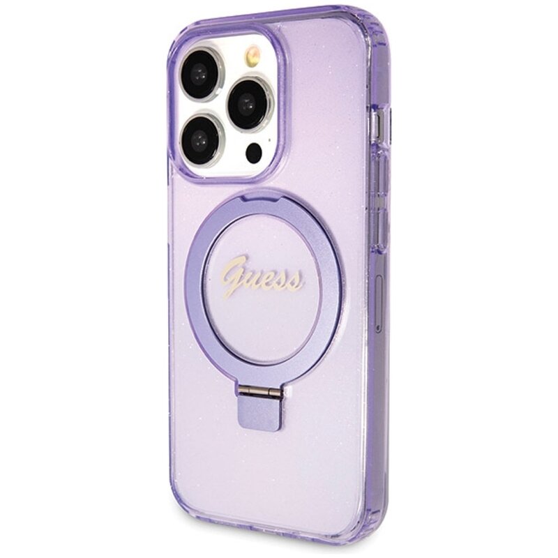 Etui GUESS Ring Stand Script Glitter MagSafe do Apple iPhone 13 Pro Fioletowy