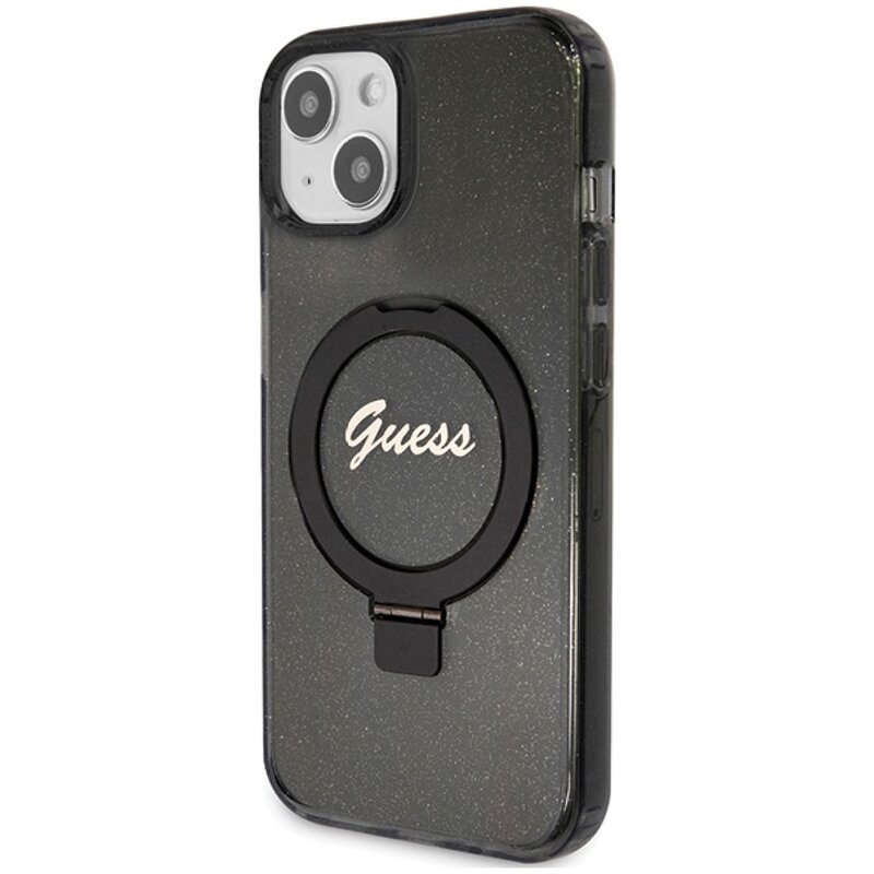 Etui GUESS Ring Stand Script Glitter MagSafe do Apple iPhone 13 Czarny