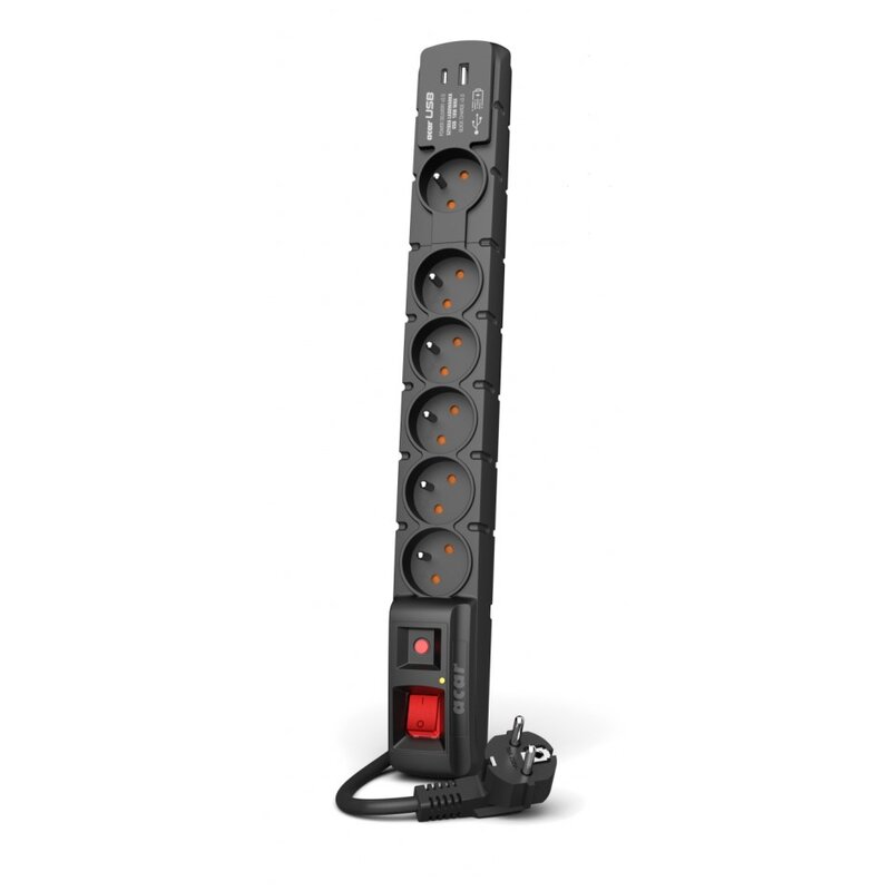 Acar S6 USB-A USB-C 6 gniazd 1,5m Czarny