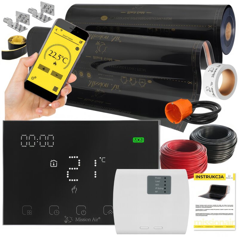 Folia grzewcza na podczerwień MISSION AIR Black Gold PTC 160W/m2 8m² szer. 100cm + regulator Gemini Czarny Wi-Fi