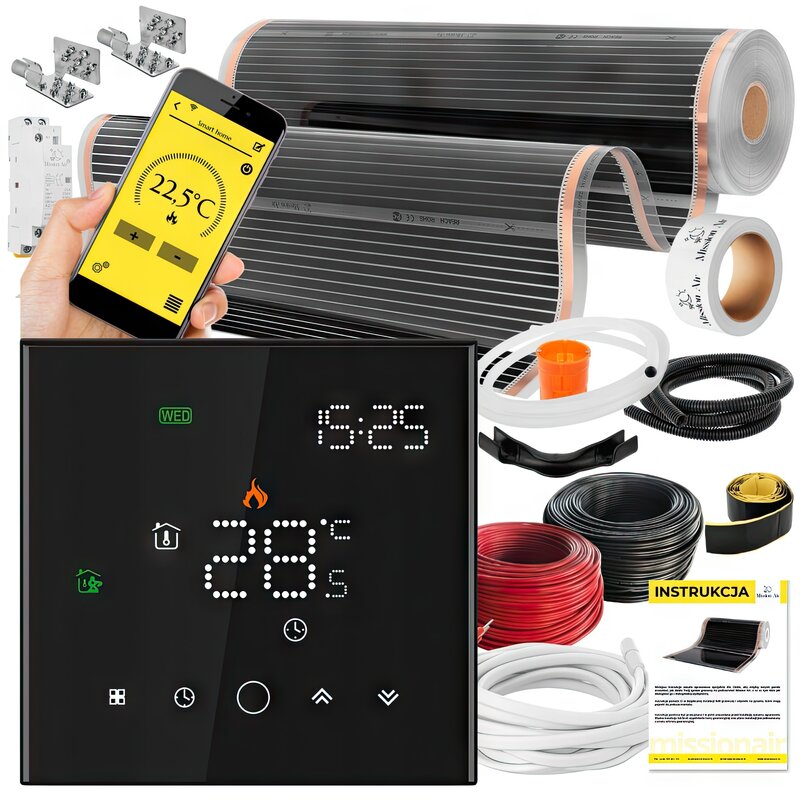 Folia grzewcza na podczerwień MISSION AIR Black Silver PTC 160W/m2 26m² szer. 100cm + regulator Leo Czarny Wi-Fi