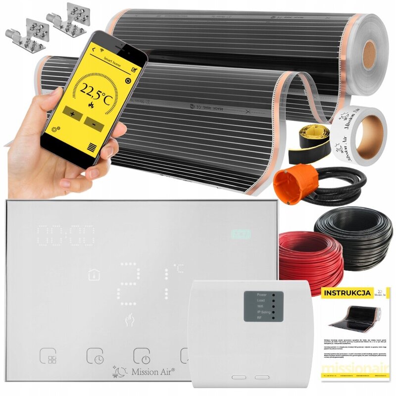 Folia grzewcza na podczerwień MISSION AIR Black Silver PTC 160W/m² 20m² szer. 100cm + regulator Gemini Biały Wi-Fi