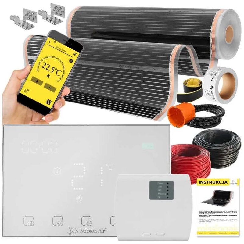 Folia grzewcza na podczerwień MISSION AIR 160 W/m2 Black Silver 5 m2 (5 m x 100 cm) + regulator Gemini Biały WiFi
