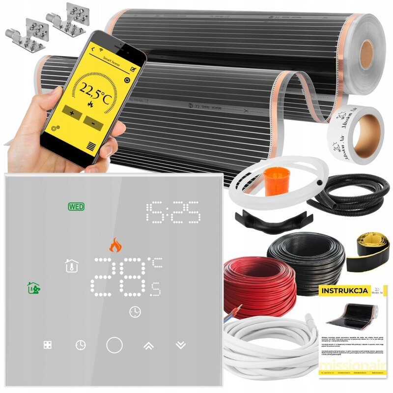 Folia grzewcza na podczerwień MISSION AIR Black Silver PTC 160W/m² 7m² szer. 100cm + regulator Leo Biały WiFi