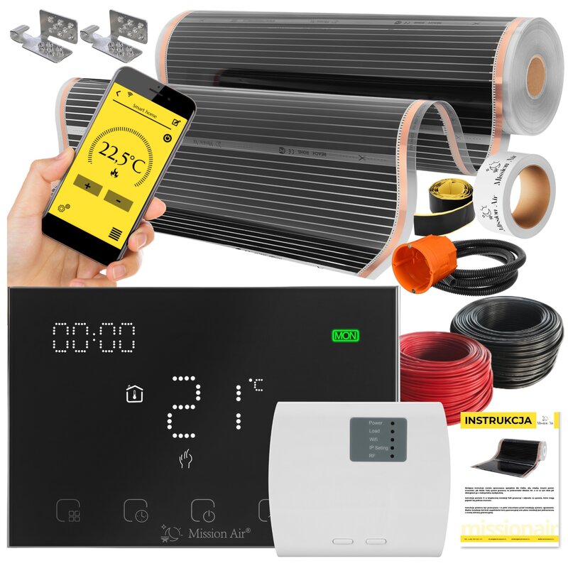 Folia grzewcza na podczerwień MISSION AIR 160 W/m2 Black Silver PTC 3m2 (3m x 100cm) + regulator Gemini Czarny Wi-Fi