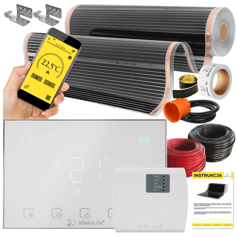 Folia grzewcza na podczerwień MISSION AIR 160 W/m2 Black Silver PTC 3,5m2 (3.5m x 100cm) + regulator Gemini Biały Wi-Fi