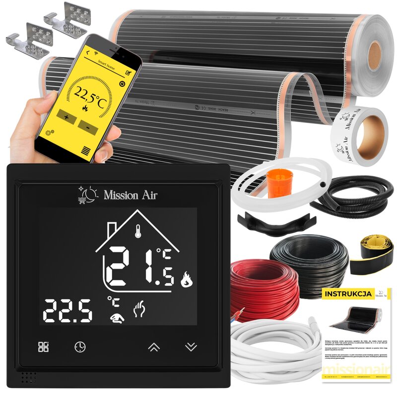 Folia grzewcza na podczerwień MISSION AIR 160 W-m2 Black Silver PTC 4m2 (4m x 100cm) + regulator Libra Czarny Wi-Fi