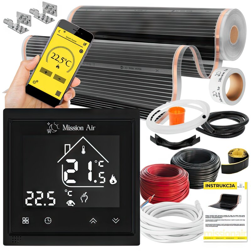 Folia grzewcza na podczerwień MISSION AIR Black Silver PTC 160W/m2 26m² szer. 100cm + regulator Libra Biały Wi-Fi
