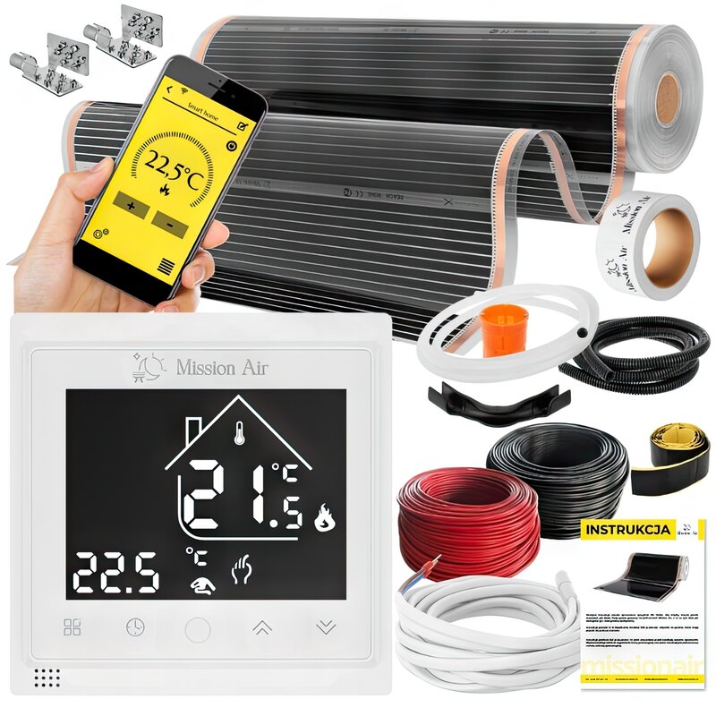 Folia grzewcza na podczerwień MISSION AIR Black Silver PTC 160W/m2 18m² szer. 100cm + regulator Libra Biały Wi-Fi