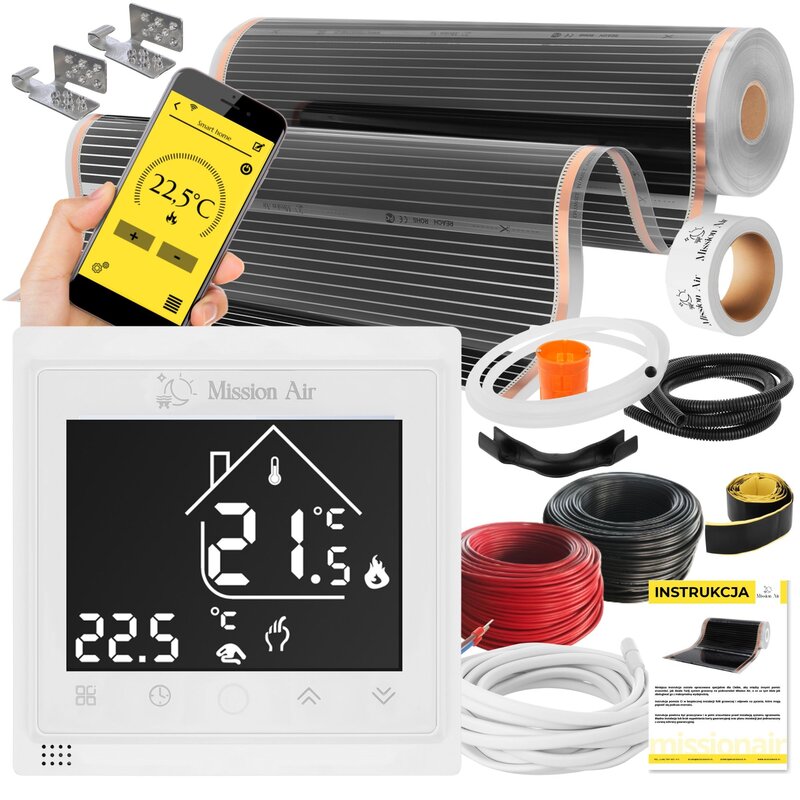 Folia grzewcza na podczerwień MISSION AIR MAL-160 W/m2 Black Silver PTC 2m2 (2m x 100cm) + regulator Libra Biały Wi-Fi