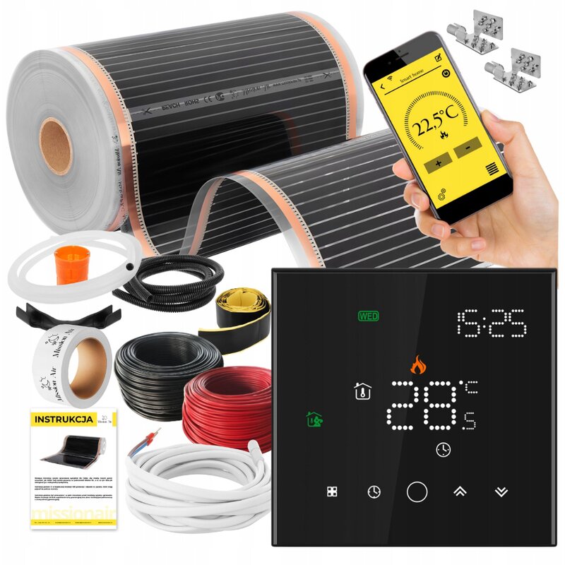 Folia grzewcza na podczerwień MISSION AIR Black Silver PTC 160W/m2 12m² szer. 50cm + regulator Leo Czarny Wi-Fi