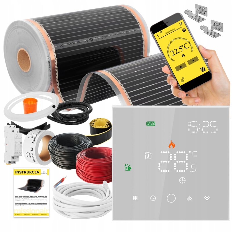 Folia grzewcza na podczerwień MISSION AIR Black Silver PTC 160W/m2 26m² szer. 50cm + regulator Leo Biały Wi-Fi