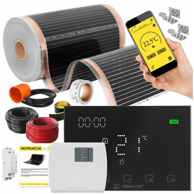 Folia grzewcza na podczerwień MISSION AIR Black Silver PTC 160W/m2 26m² szer. 50cm + regulator Gemini Czarny Wi-Fi