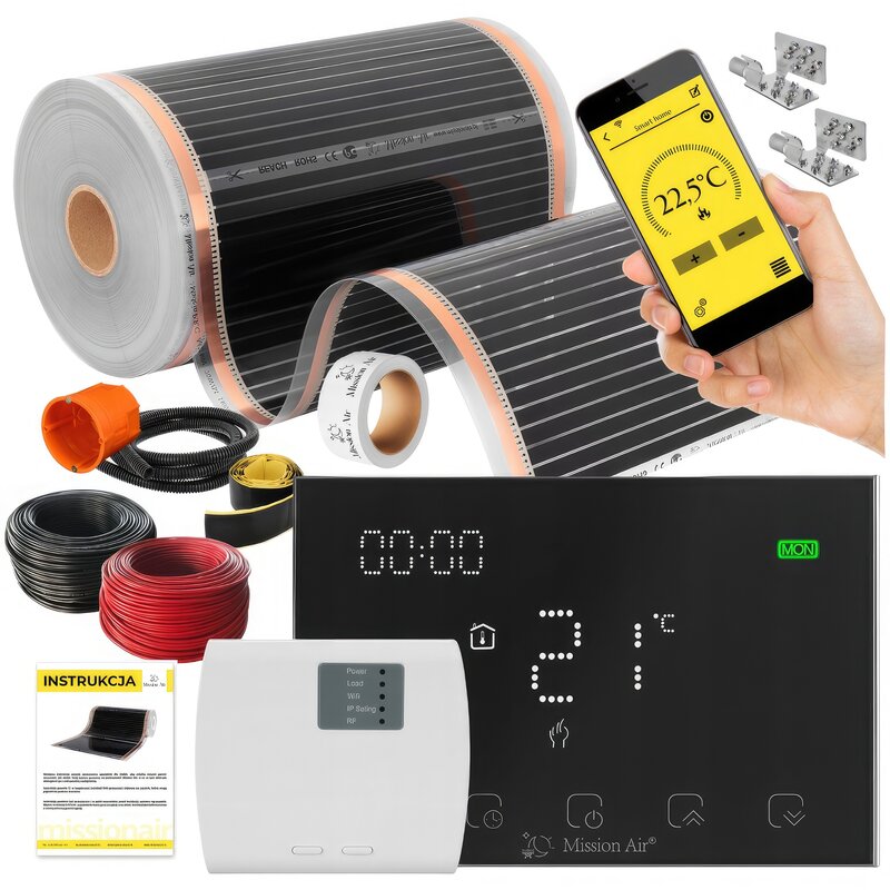 Folia grzewcza na podczerwień MISSION AIR Black Silver PTC 160W/m2 24m² szer. 50cm + regulator Gemini Czarny Wi-Fi