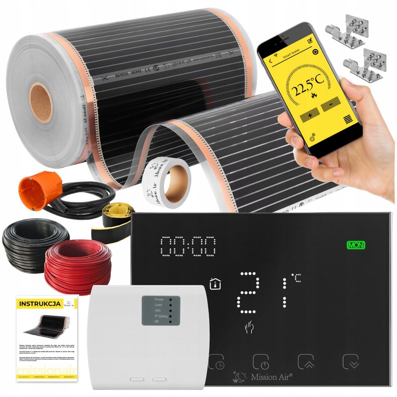 Folia grzewcza na podczerwień MISSION AIR Black Silver PTC 160W/m2 14m² szer. 50cm + regulator Gemini Czarny Wi-Fi