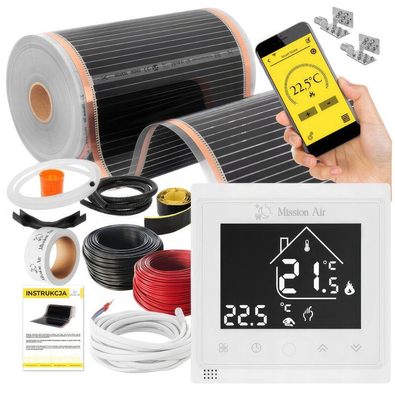 Folia grzewcza na podczerwień MISSION AIR Black Silver PTC 160W/m2 18m² szer. 50cm + regulator Libra Biały Wi-Fi