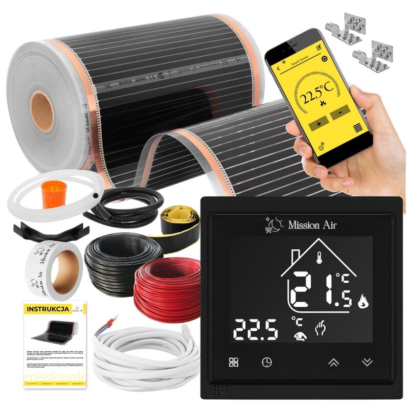 Folia grzewcza na podczerwień MISSION AIR Black Silver PTC 160W-m2 1.5m² szer. 50cm + regulator Libra Czarny WiFi