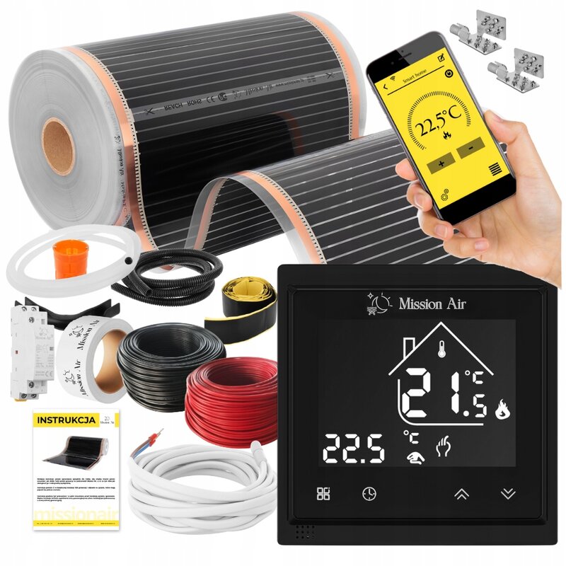 Folia grzewcza na podczerwień MISSION AIR Black Silver PTC 160W/m2 28m² szer. 50cm + regulator Libra Czarny Wi-Fi