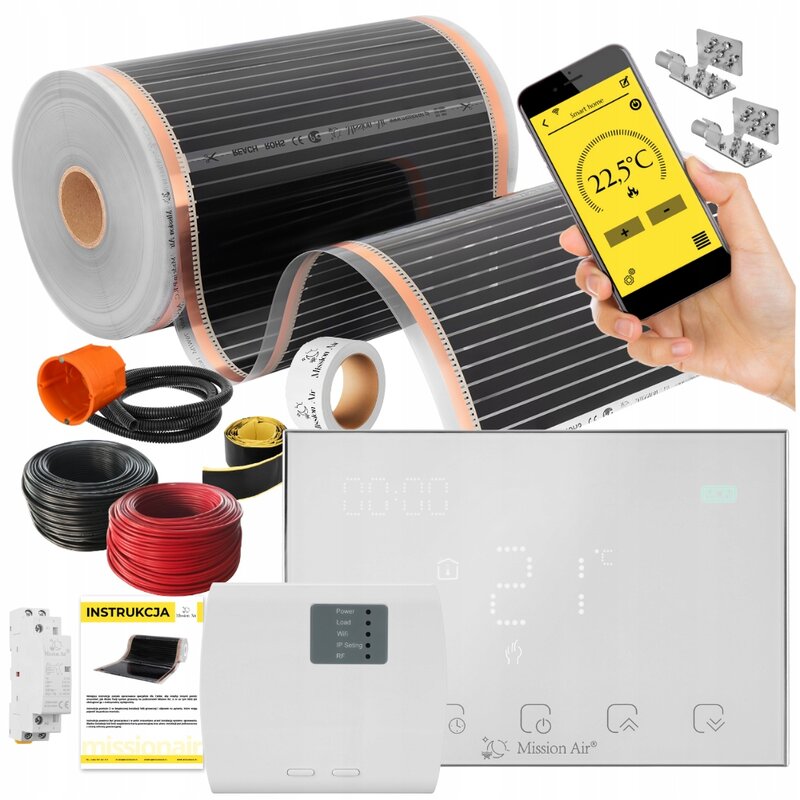 Folia grzewcza na podczerwień MISSION AIR Black Silver PTC 160W/m2 26m² szer. 50cm + regulator Gemini Biały Wi-Fi