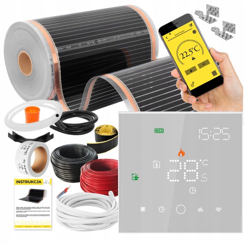 Folia grzewcza na podczerwień MISSION AIR Black Silver PTC 160W/m2 14m² szer. 50cm + regulator Leo Biały Wi-Fi