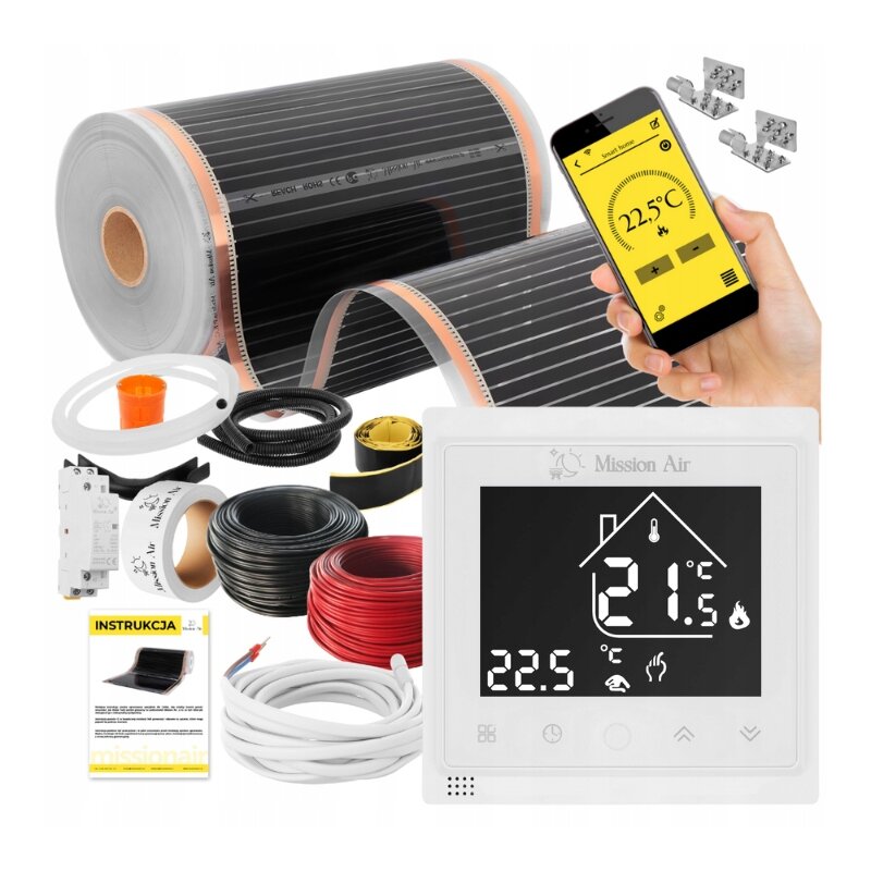Folia grzewcza na podczerwień MISSION AIR Black Silver PTC 160W/m2 26m² szer. 50cm + regulator Libra Biały Wi-Fi