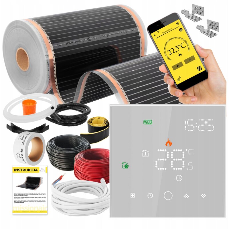 Folia grzewcza na podczerwień MISSION AIR Black Silver PTC 160W/m2 12m² szer. 50cm + regulator Leo Biały Wi-Fi